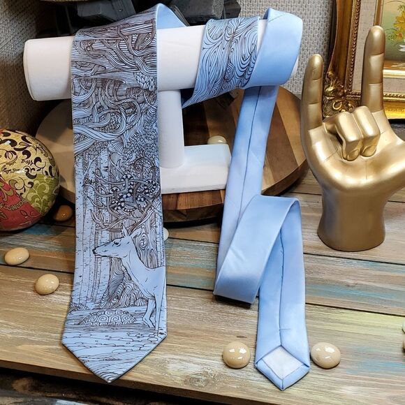 Template Other - Umo Lorenzo Scatterbrainities Deer in Forest Print Men's Tie Lt Blue